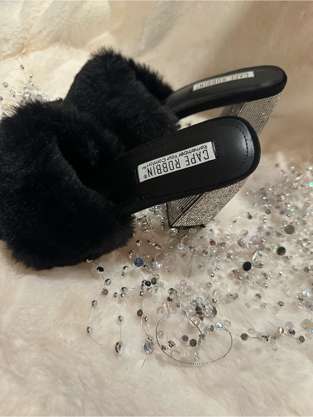 Cape Robbin Black Faux Fur Mules with Rhinestone Block Heel - Picture 7 of 7